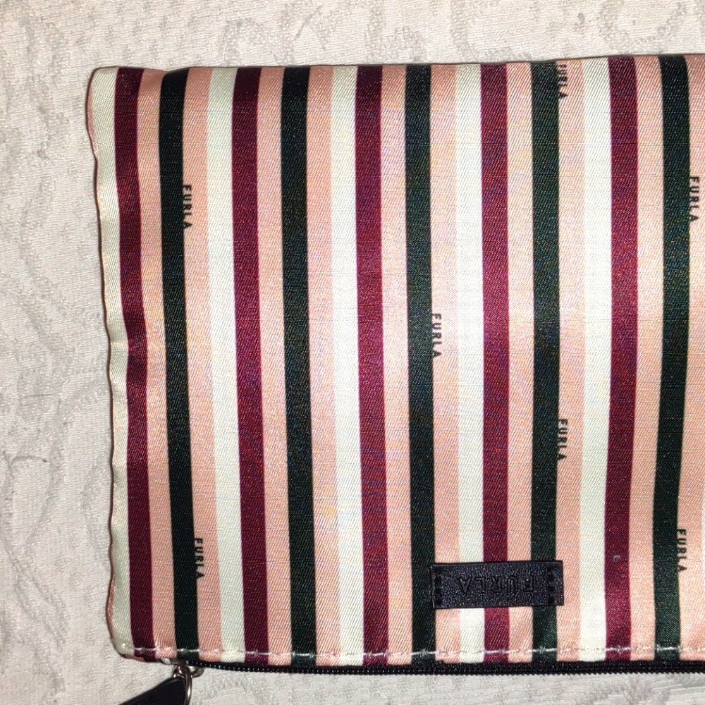 Furla cosmetic bag pink white brown black striped burlap new never used